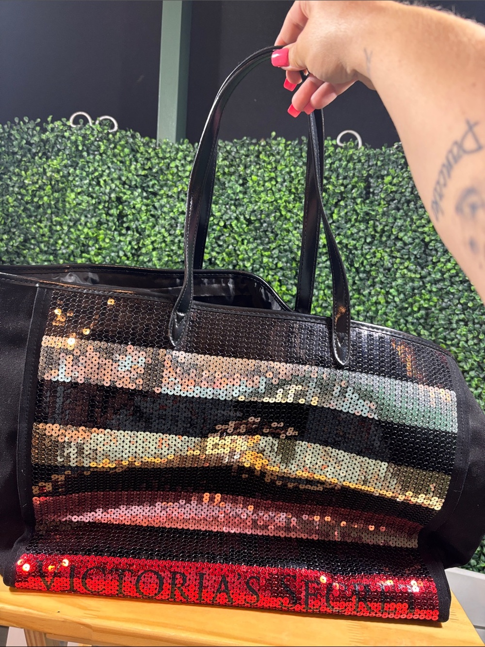 Victoria's Secret Black Tote with Multicolor Sequin Stripes